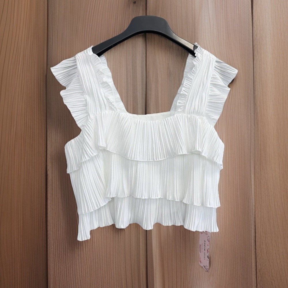NEW Shein Women's S Blouse Top White Sleeveless Ruffle Tiered‎ Pleated